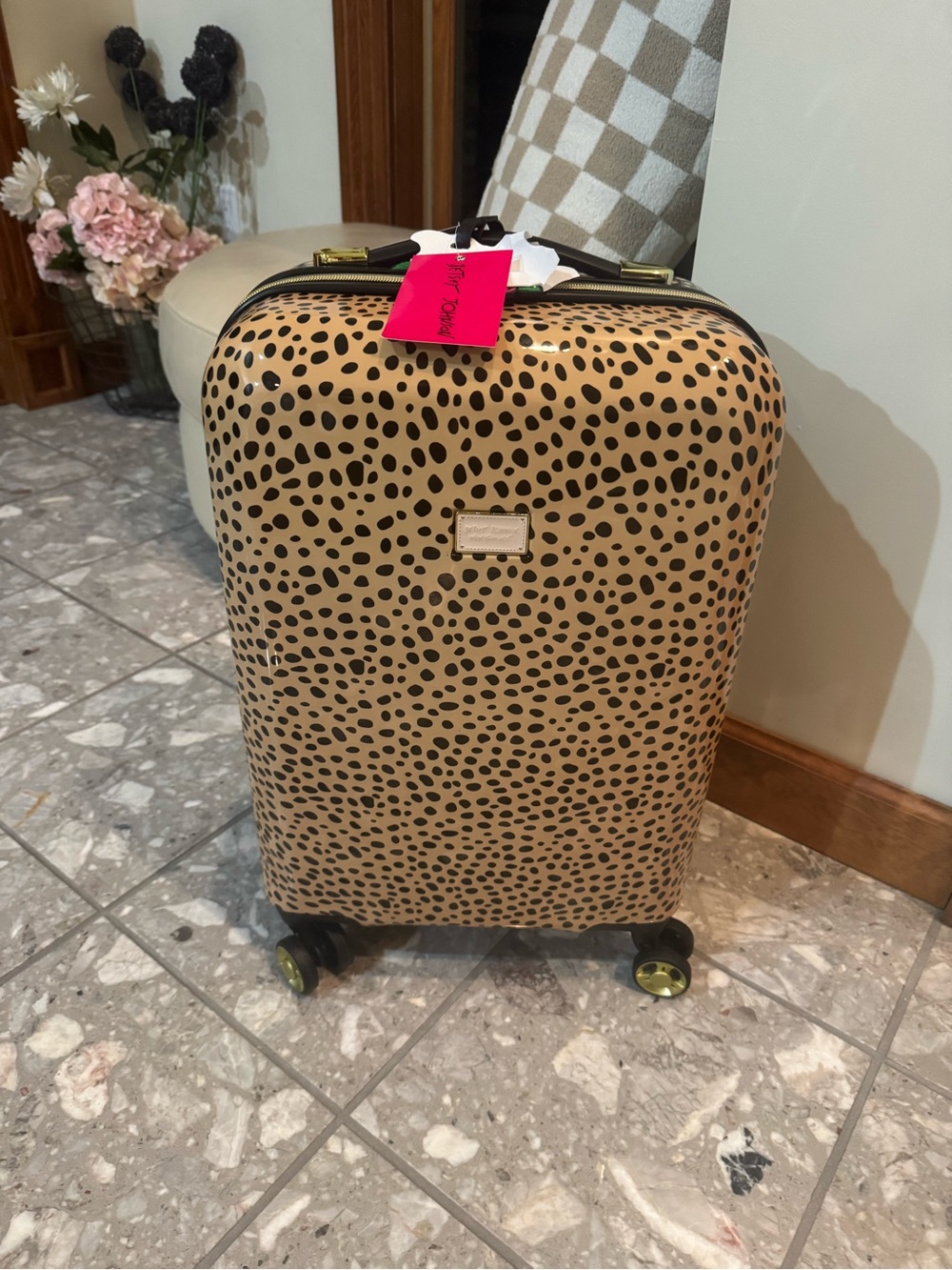 BETSEY JOHNSON BLACK GOLD LEOPARD PRINT “MARKET DOT” CARRY ON LUGGAGE
